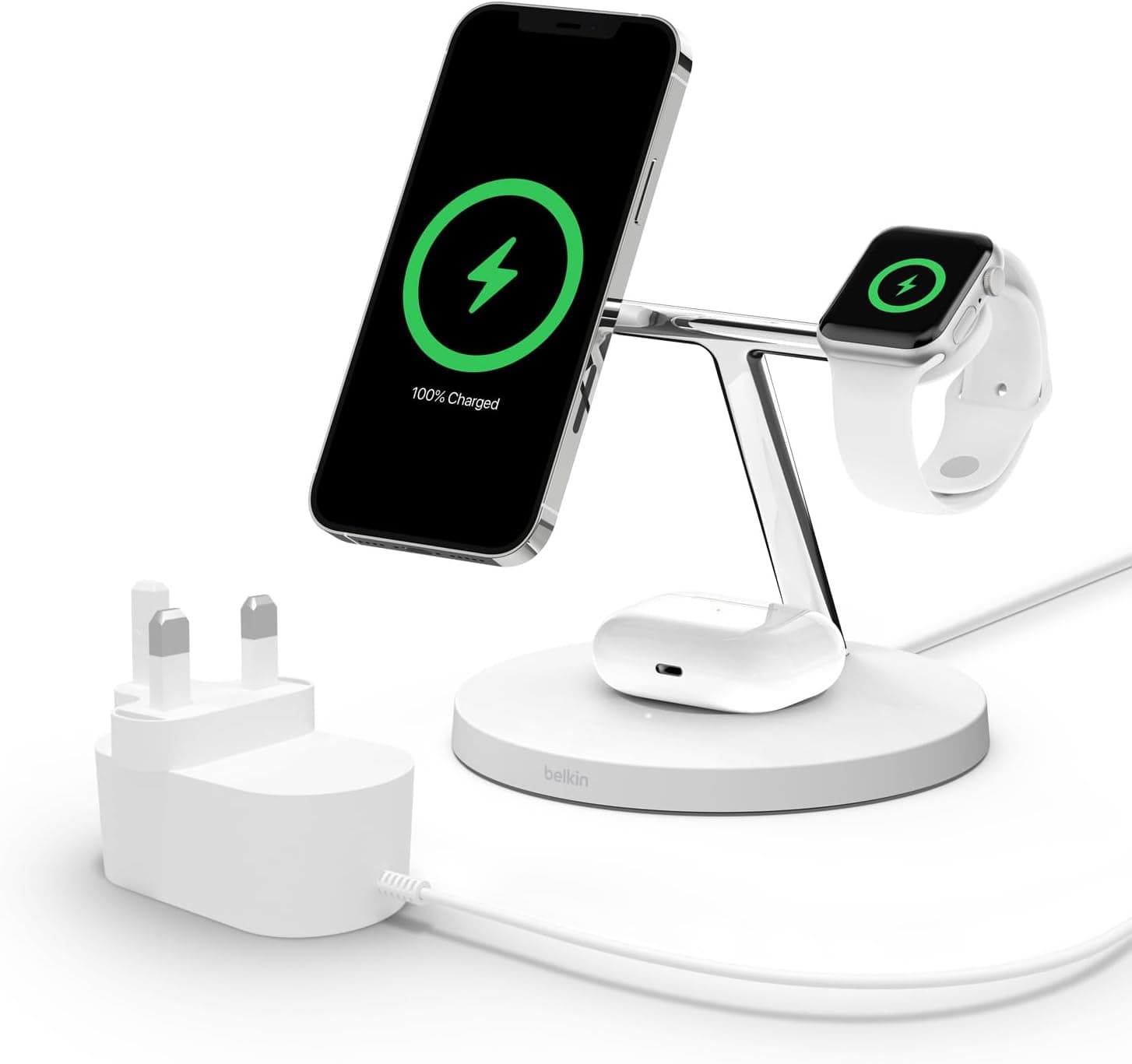 شاحن بيلكن لاسلكي 3 في 1 متوافق مع MagSafe للآيفون وساعة أبل والإيربودز