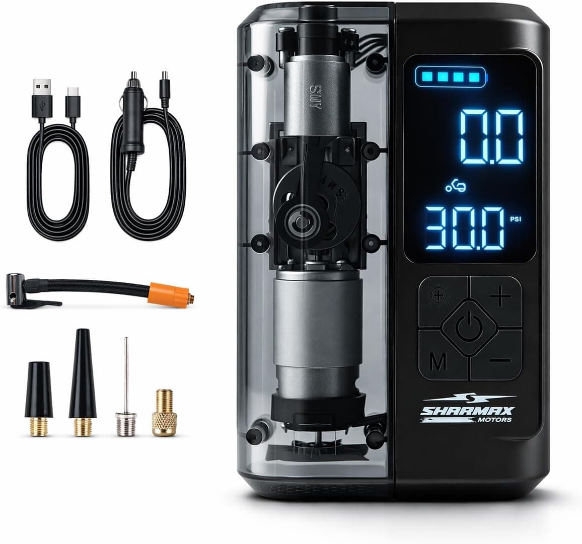 منفاخ إطارات كهربائي محمول شارماكس 150 psi، قابل للشحن