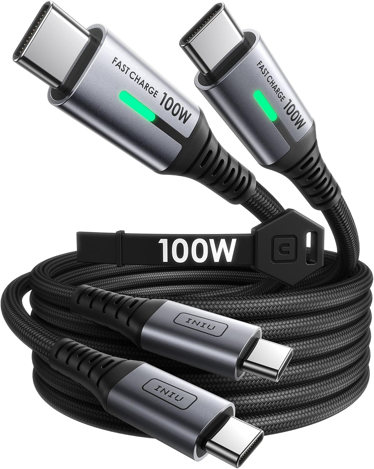 كابل INIU USB-C إلى USB-C بقدرة 100 واط مضفّر بالنايلون للشحن السريع (2م، قطعة واحدة)