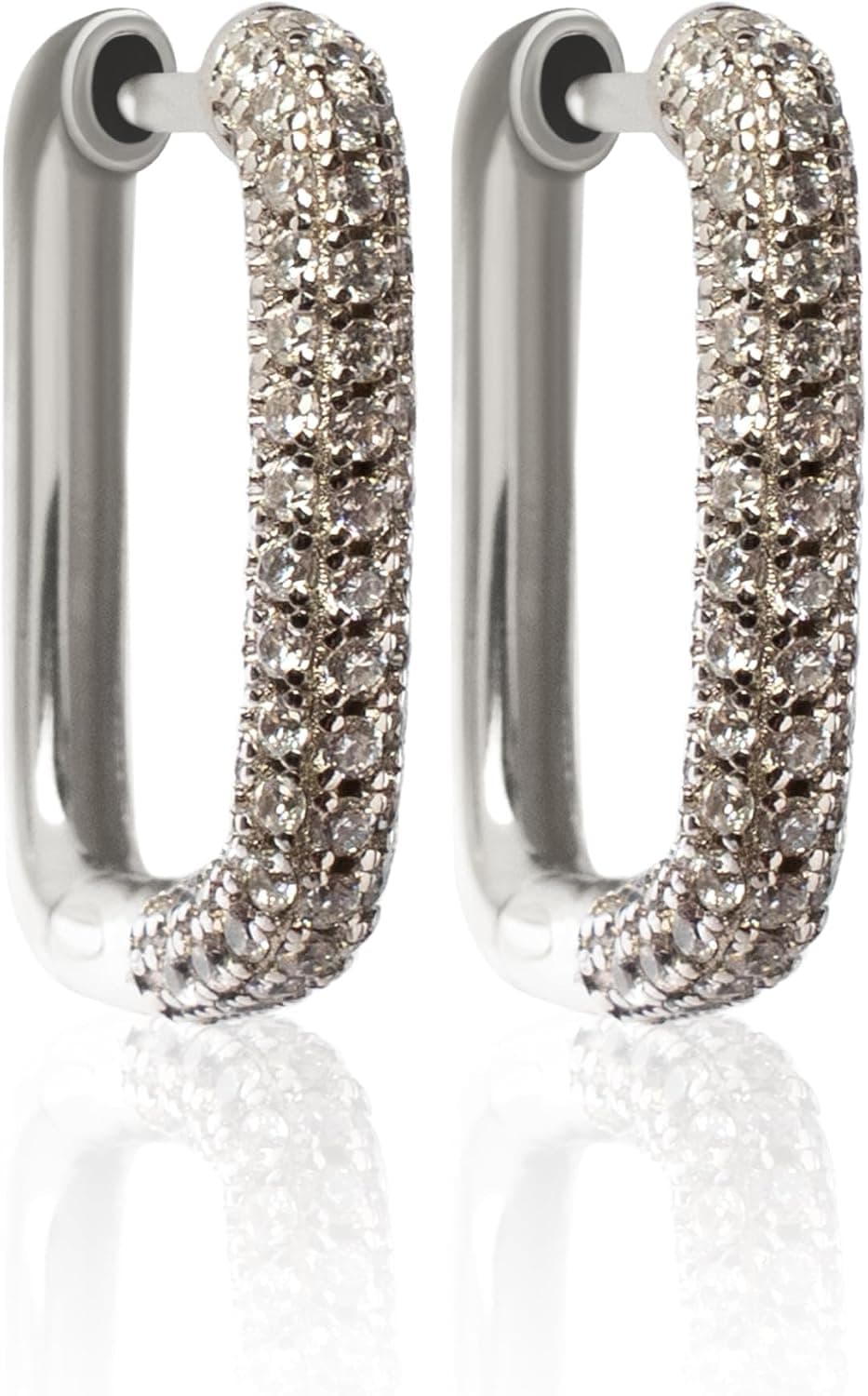 The Good Store 14K Gold Plated Sterling Silver Rectangular Hoop Earrings (Silver, White Stone)