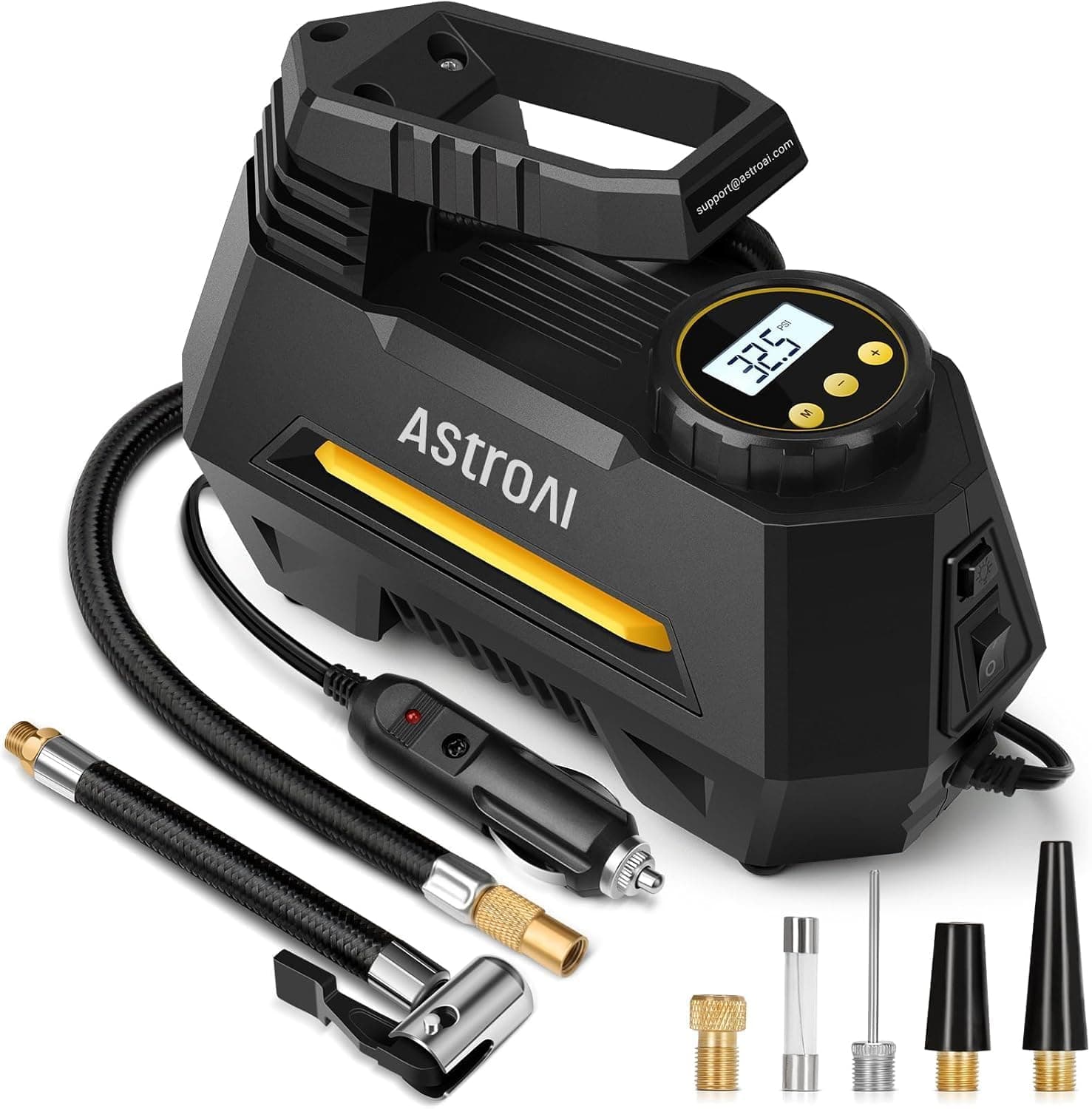 AstroAI Portable Tyre Inflator Air Compressor 12V with Pressure Gauge & LED (Yellow)