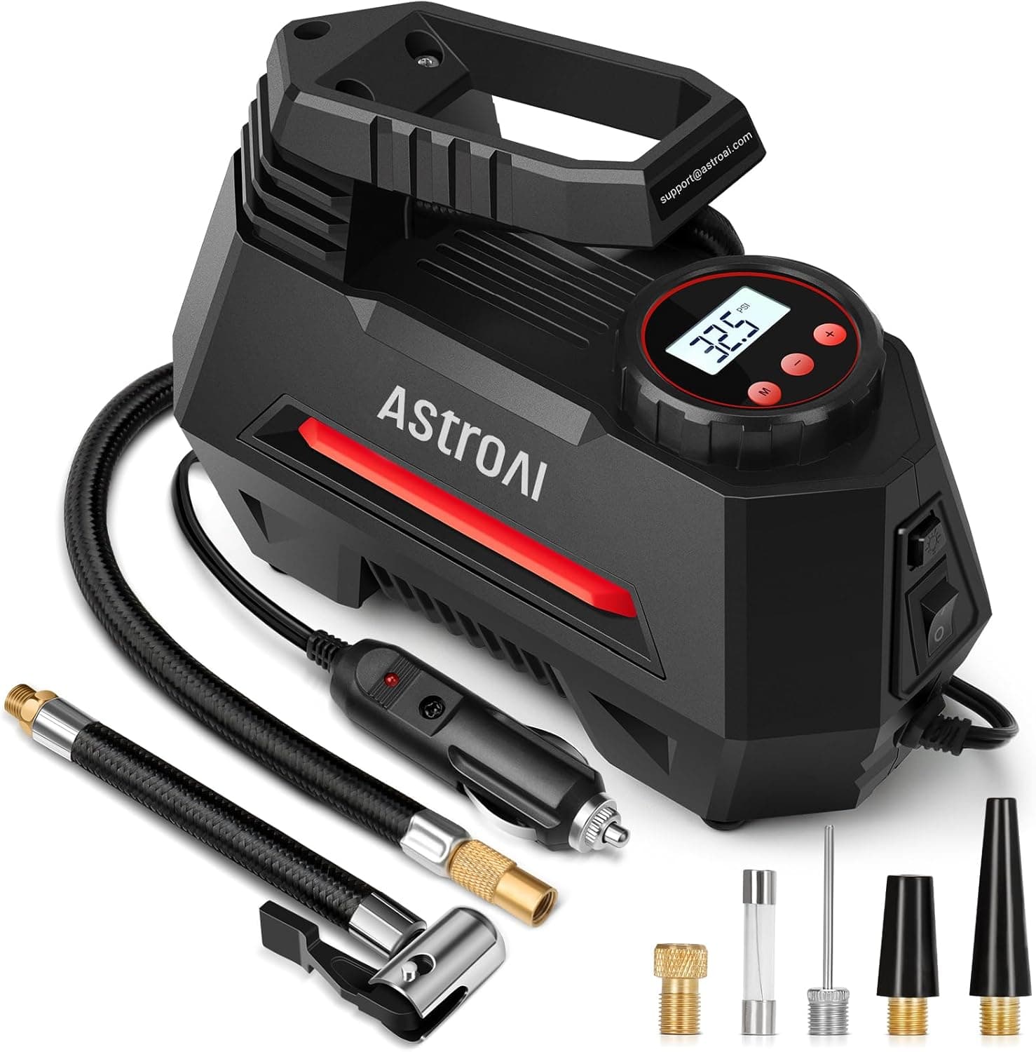 AstroAI Portable Tyre Inflator Air Compressor 12V with Pressure Gauge & LED (Red)